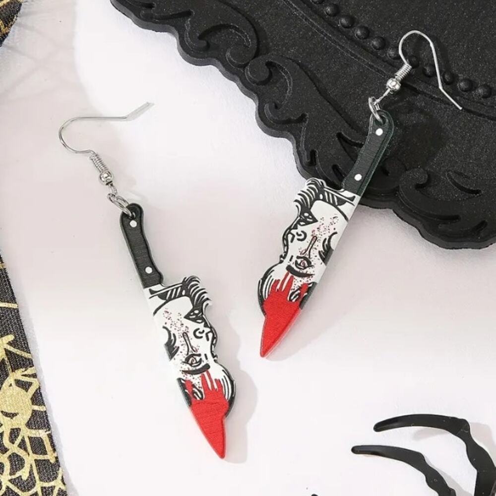 🌷5 For $15🌷 Goth Bloody Knife Stabby Lady Head - Acrylic Dangle Earrings